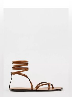 Zara Brown Leather Lace-Up Flat Sandals Size 37